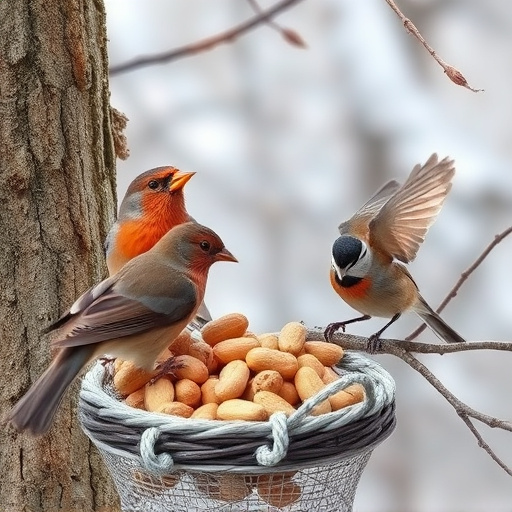Winter scene with birds feeding peanuts
