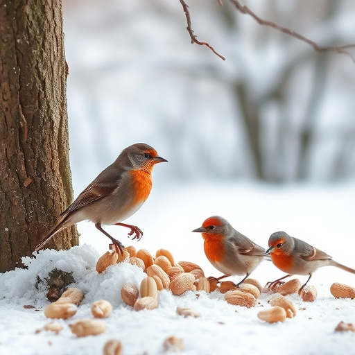 Winter scene with birds feeding peanuts