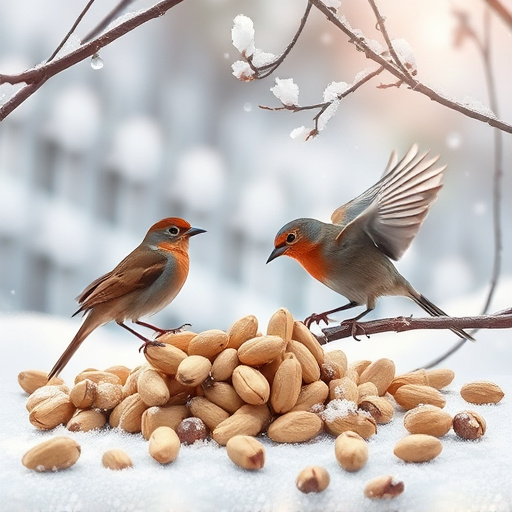 Winter scene with birds feeding peanuts