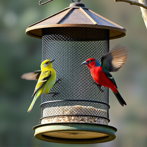 Wire mesh feeder deterring large birds