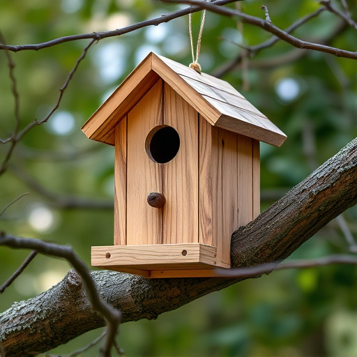 Wooden bird box on tree branch