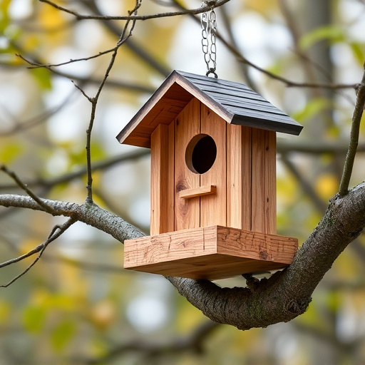 Wooden bird box on tree branch
