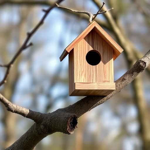 Wooden bird box on tree branch