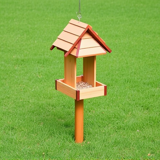 Wooden freestanding bird feeder on lawn