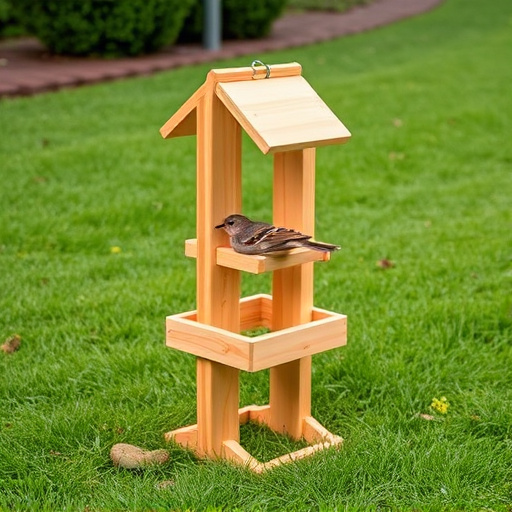 Wooden freestanding bird feeder on lawn