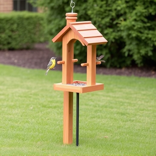 Wooden freestanding bird feeder on lawn