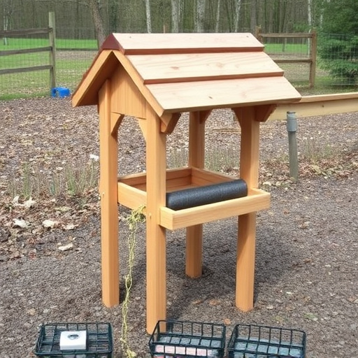 Wooden ground feeder with pitched roof