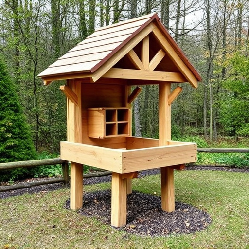 Wooden ground feeder with pitched roof