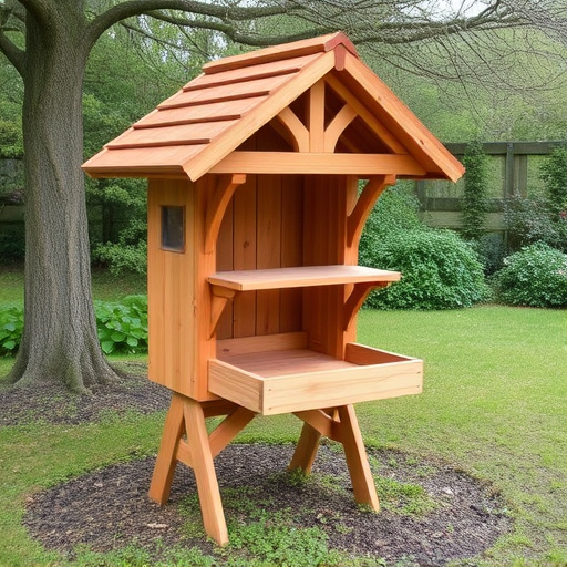 Wooden ground feeder with pitched roof