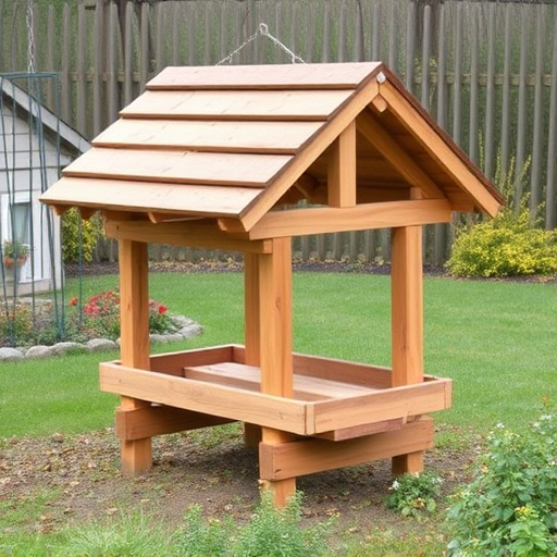 Wooden ground feeder with pitched roof