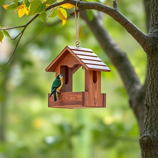 Wooden hanging bird table in tree