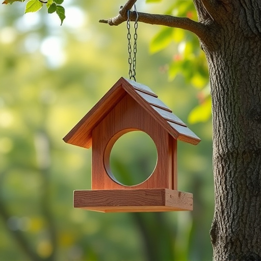 Wooden hanging bird table in tree