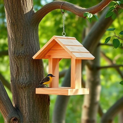 Wooden hanging bird table in tree