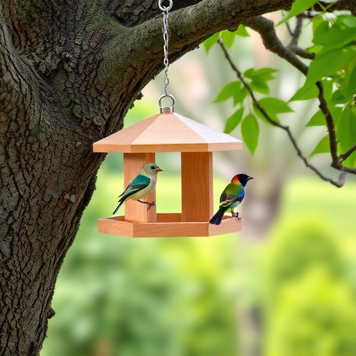 Wooden hanging bird table in tree