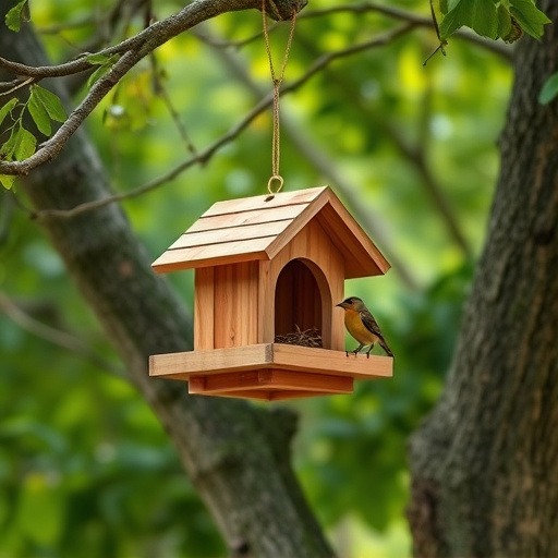 Wooden hanging bird table in tree