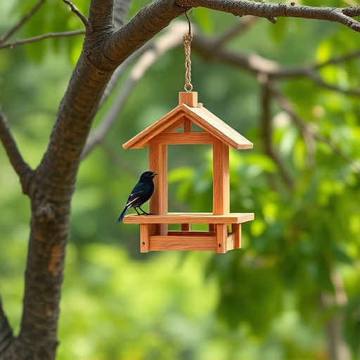 Wooden hanging bird table in tree