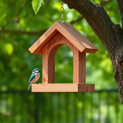 Wooden hanging bird table in tree