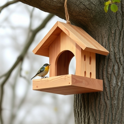 Wooden hanging bird table in tree