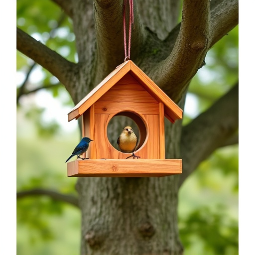 Wooden hanging bird table in tree