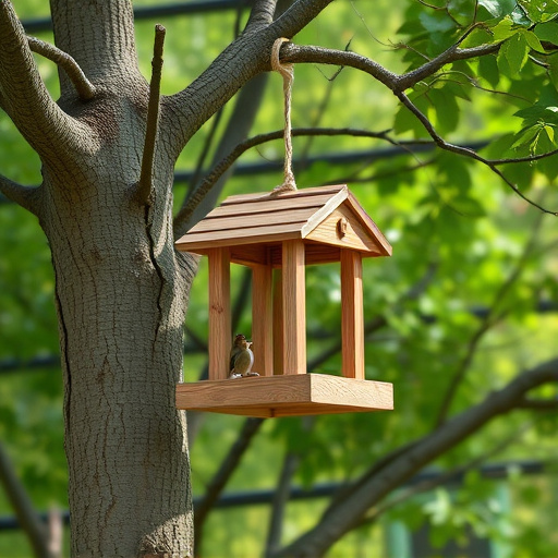 Wooden hanging bird table in tree