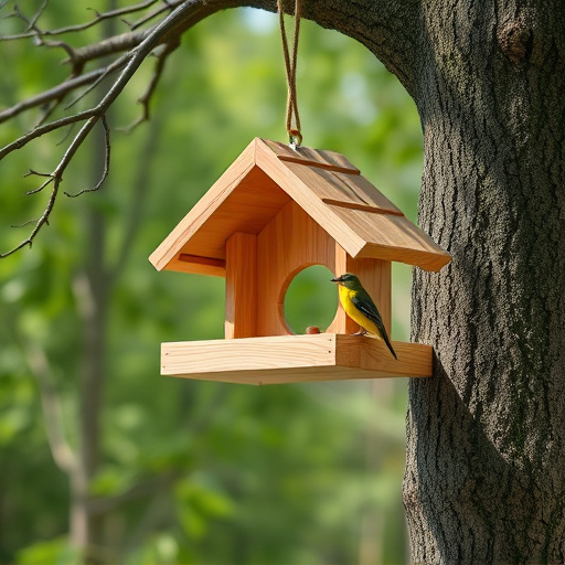 Wooden hanging bird table in tree