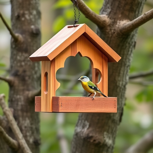 Wooden hanging bird table in tree