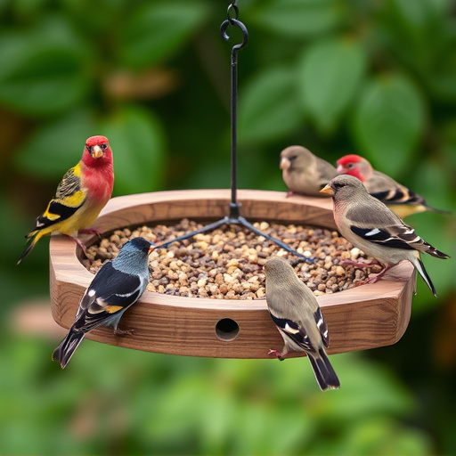 Wooden tray feeder surrounded by finches