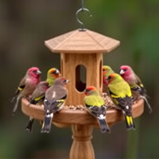 Wooden tray feeder surrounded by finches