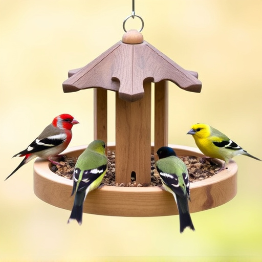 Wooden tray feeder surrounded by finches