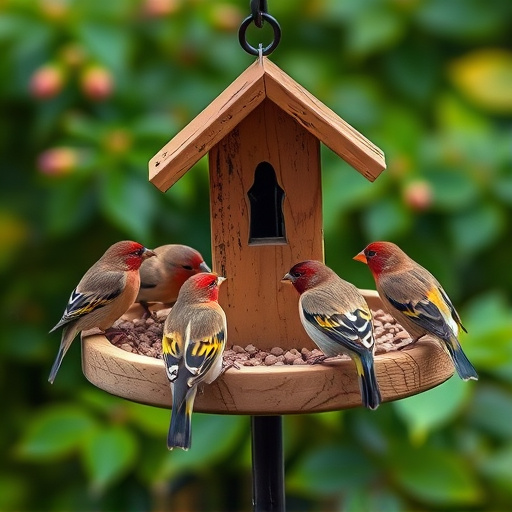 Wooden tray feeder surrounded by finches