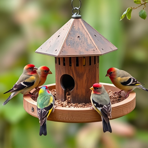Wooden tray feeder surrounded by finches