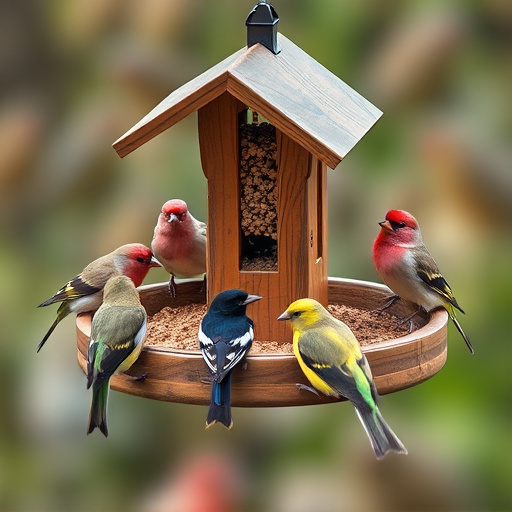 Wooden tray feeder surrounded by finches