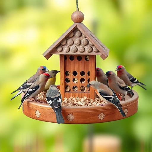 Wooden tray feeder surrounded by finches