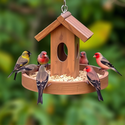 Wooden tray feeder surrounded by finches