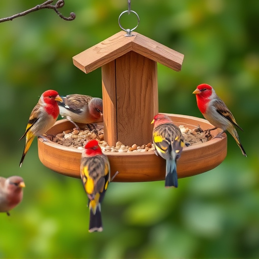 Wooden tray feeder surrounded by finches