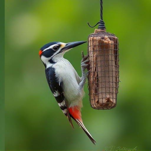 Woodpecker feeding on suet block