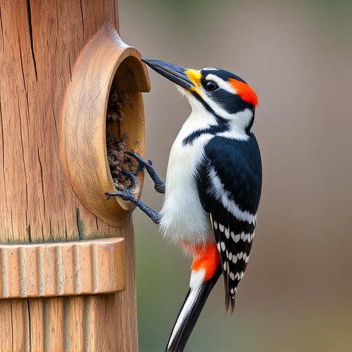 Woodpecker feeding on suet block