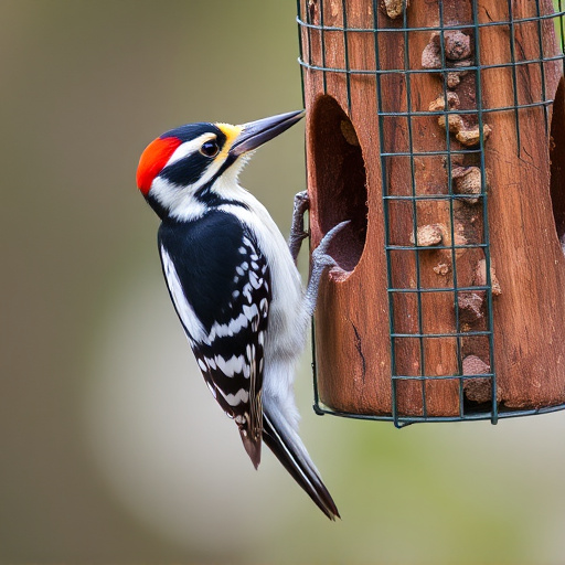 Woodpecker feeding on suet block