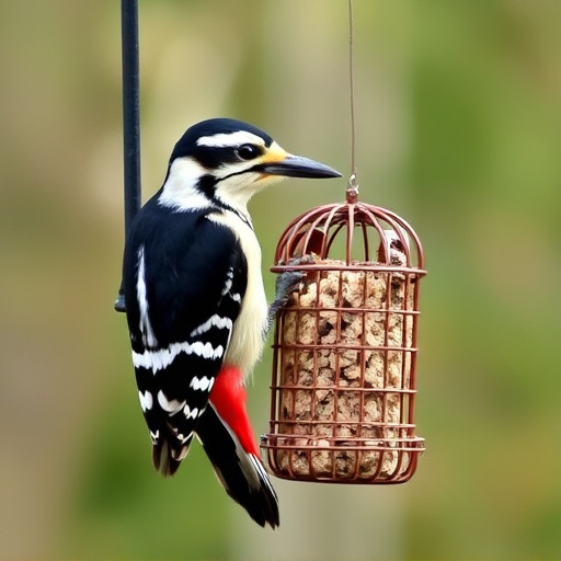 Woodpecker feeding on suet block