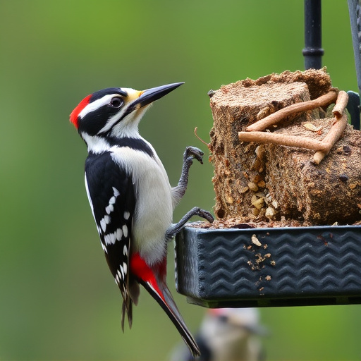 Woodpecker feeding on suet block