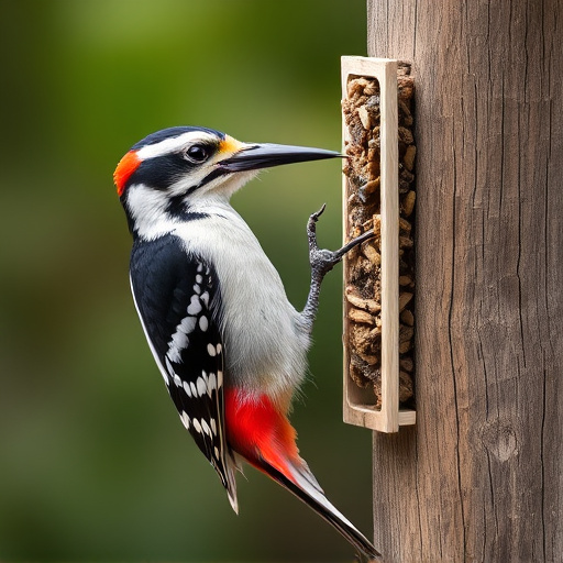 Woodpecker feeding on suet block