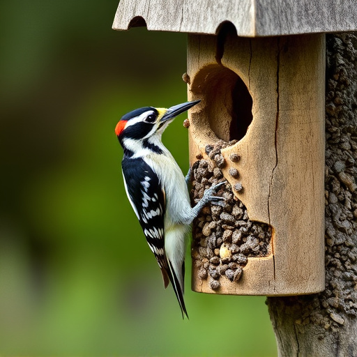 Woodpecker feeding on suet block