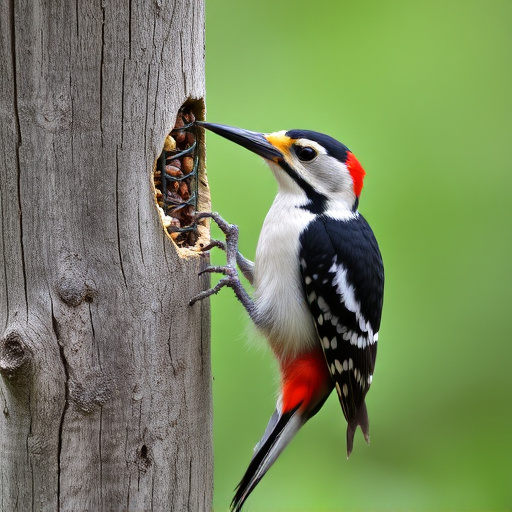 Woodpecker feeding on suet block