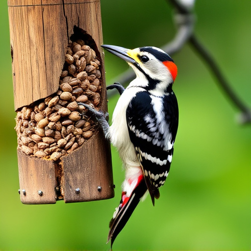 Woodpecker feeding on suet block