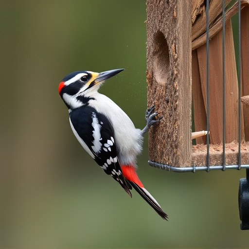 Woodpecker feeding on suet block