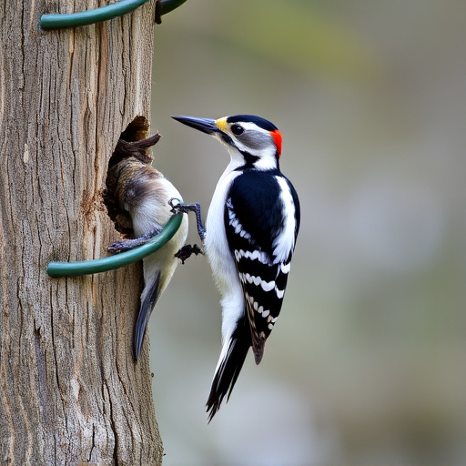 Woodpecker feeding on suet block