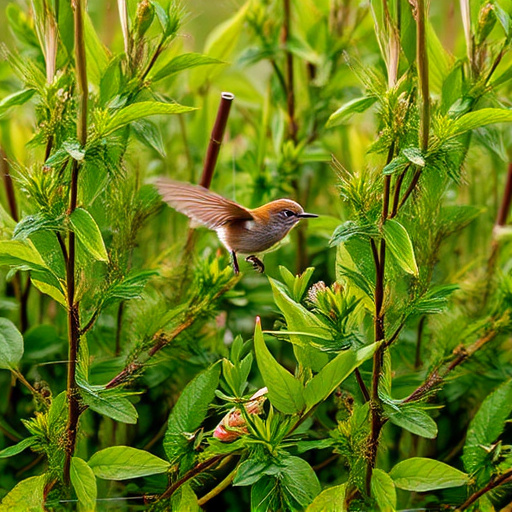 Wren flitting through dense hedgerow