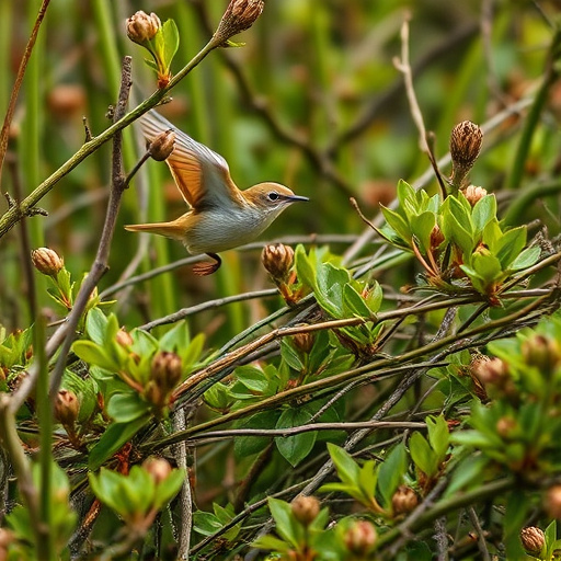 Wren flitting through dense hedgerow