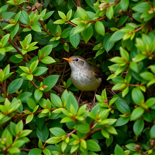 Wren nestled in dense garden shrub
