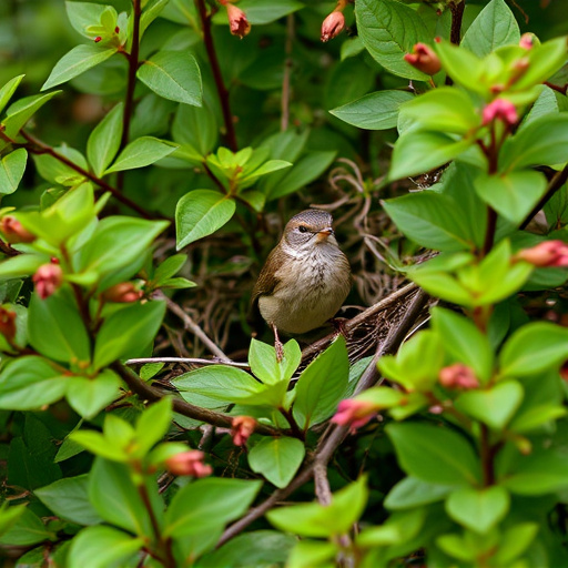 Wren nestled in dense garden shrub